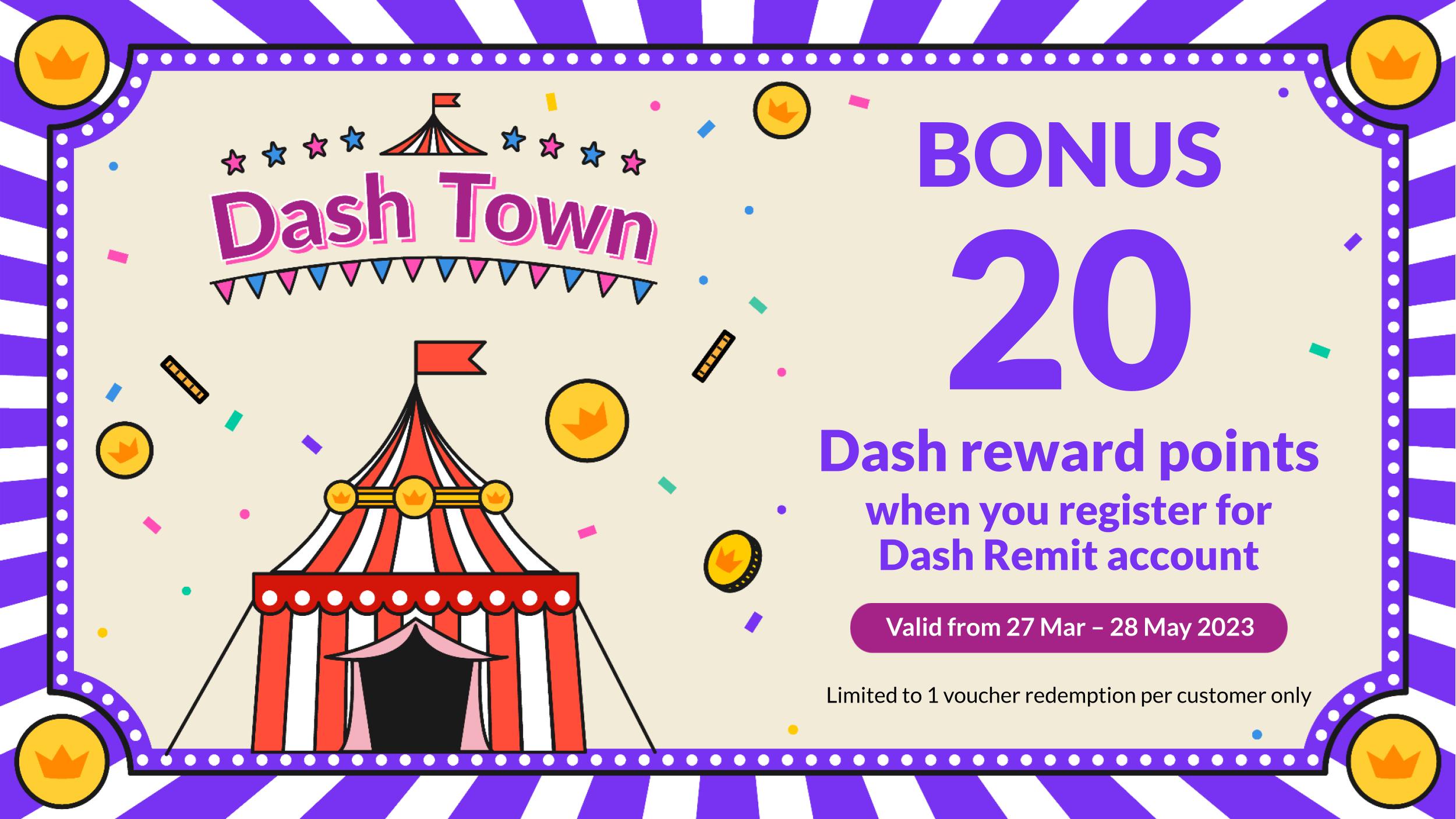 Dash Town Remit - register Remit account voucher 20 pts