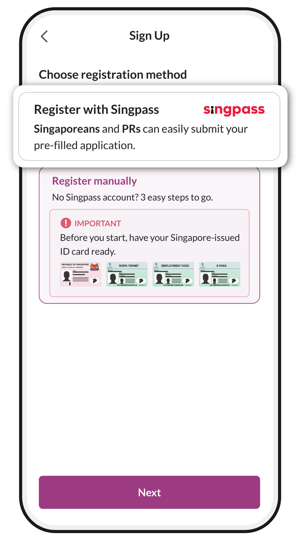 eKYC (Register for remittance) - home, singpass page