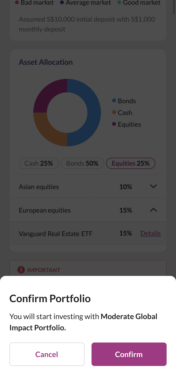 Portfolio confirmation screen with your selected portfolio